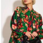 Vibrant Green & Red Abstract Print Blouse - Tie Neck Detail