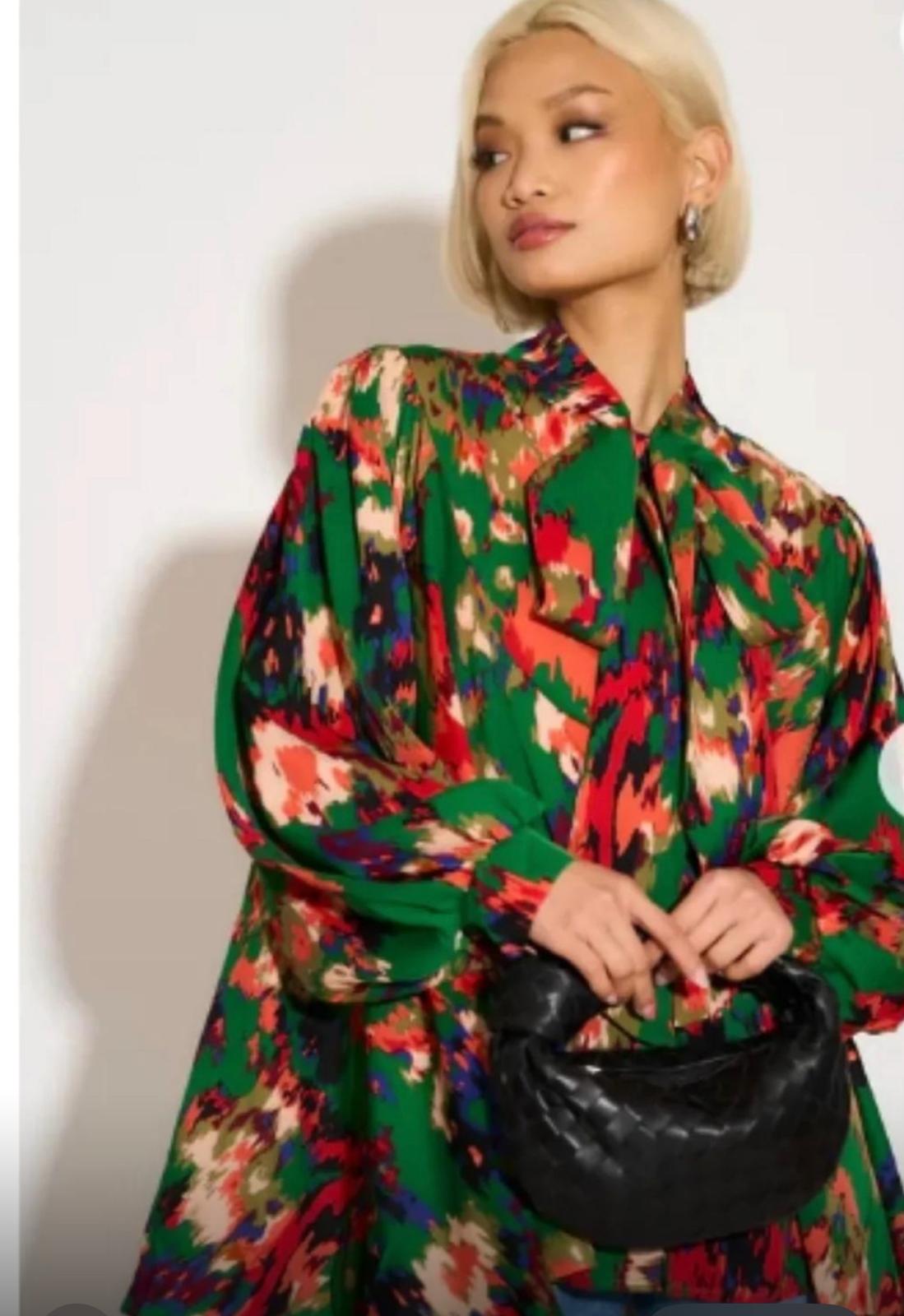 Vibrant Green & Red Abstract Print Blouse - Tie Neck Detail